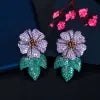 Big Chunky Micro Pave Purple Cubic Zirconia Stones Statement Luxury Flower Wedding Bridal Party Long Earrings