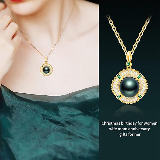 Gifts for Women-Tahitian-Black-Pearl-Necklace-Gift for Wife Wedding Birthday Anniversary-Mom Girlfriend Her Mothers Day Valentines Day Christmas-18K Gold Plated Sterling Silver Pearl Pendant NO057