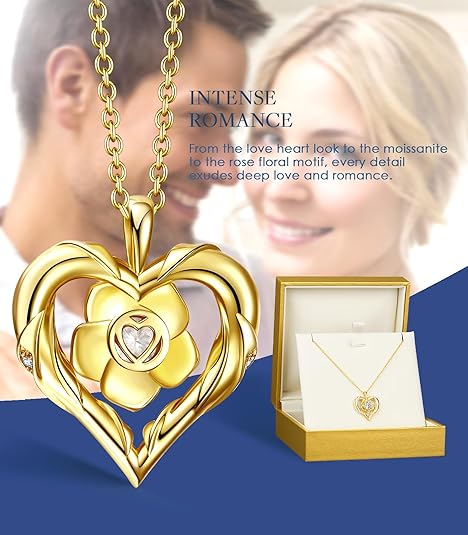 Beam & Bask Rose Flower Heart Moissanite Necklaces for Wife, S925 Silver Pendant for Women, 18K Gold Plated Jewelry for Her Girlfriend Mom for Anniversary Birthday
