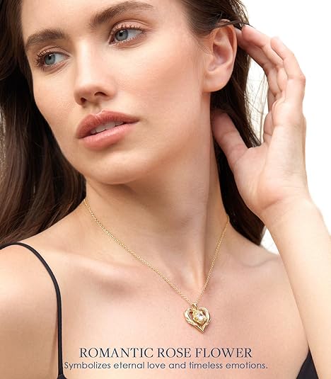 Beam & Bask Rose Flower Heart Moissanite Necklaces for Wife, S925 Silver Pendant for Women, 18K Gold Plated Jewelry for Her Girlfriend Mom for Anniversary Birthday
