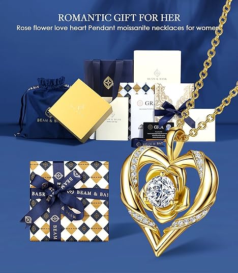 Beam & Bask Rose Flower Heart Moissanite Necklaces for Wife, S925 Silver Pendant for Women, 18K Gold Plated Jewelry for Her Girlfriend Mom for Anniversary Birthday