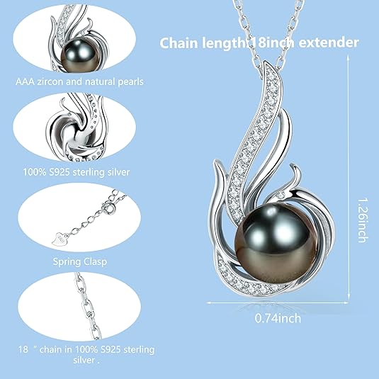 Tahitian Black Pearl Necklaces for Women  - Pearl Necklace Phoenix Pendant | with 925 Sterling Silver 18" Chain - Christmas Mothers Day Valentine's Day Gifts For Women Wife Mom Grandma Girlfriend Daughter Her Best Friend Birthday Anniversary Fine Jewelry