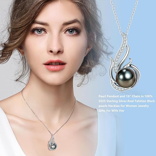 Tahitian Black Pearl Necklaces for Women  - Pearl Necklace Phoenix Pendant | with 925 Sterling Silver 18" Chain - Christmas Mothers Day Valentine's Day Gifts For Women Wife Mom Grandma Girlfriend Daughter Her Best Friend Birthday Anniversary Fine Jewelry