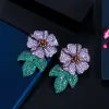 Big Chunky Micro Pave Purple Cubic Zirconia Stones Statement Luxury Flower Wedding Bridal Party Long Earrings