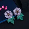 Big Chunky Micro Pave Purple Cubic Zirconia Stones Statement Luxury Flower Wedding Bridal Party Long Earrings